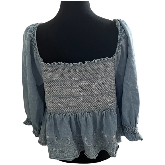 American Eagle Chambray Smocked Square Neck Babydoll Top Large Women’s Blue 2403 - Picture 3 of 5
